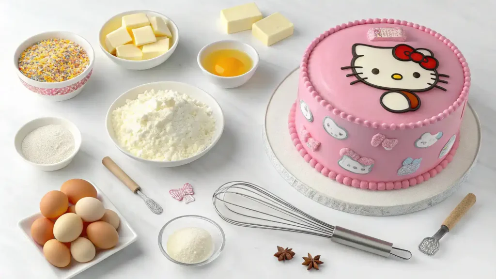 Step-by-step process of making a Hello Kitty cake with ingredients and tools.