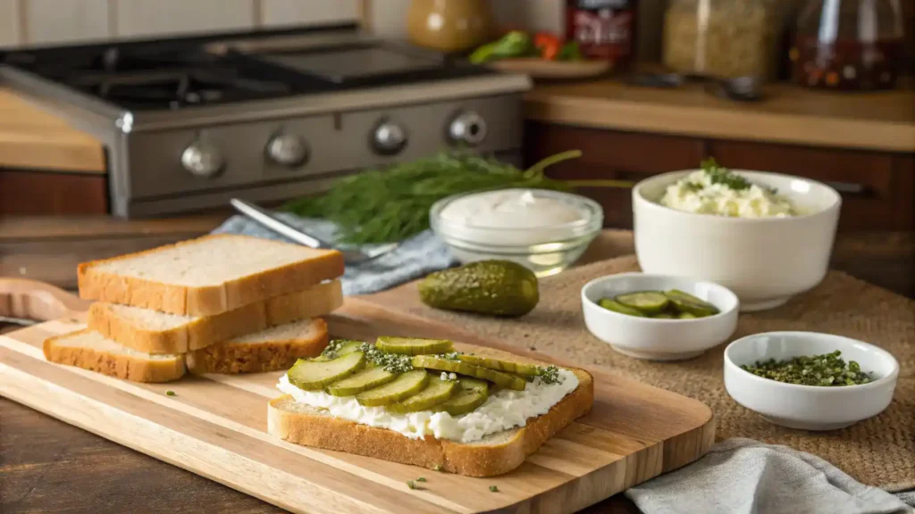 Step-by-step process of making a pickle sandwich with ingredients laid out.