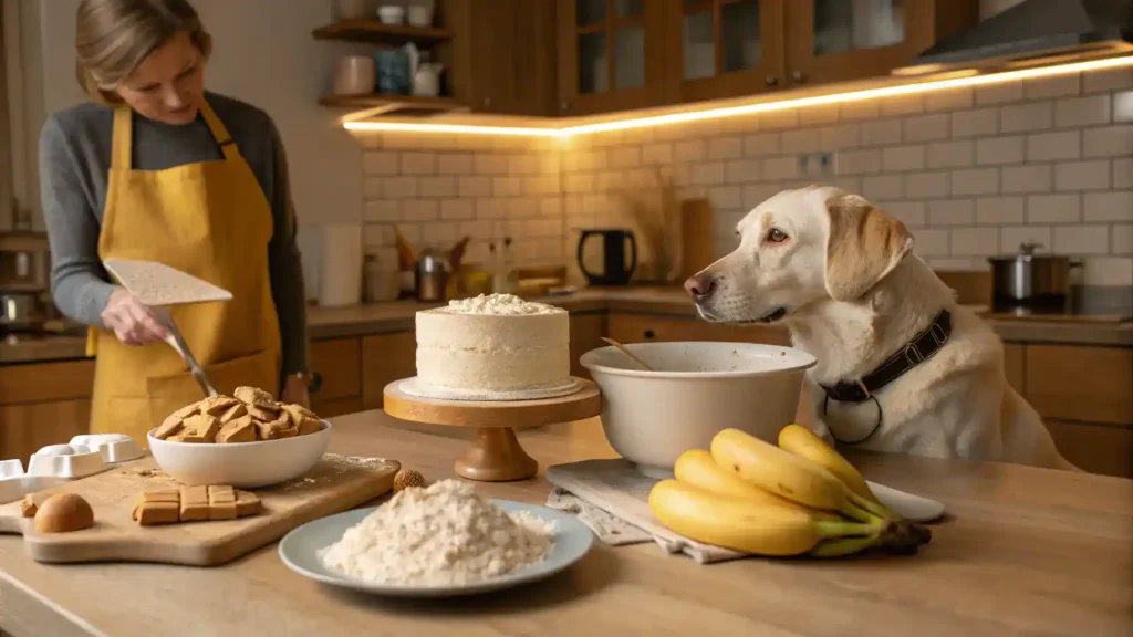 A step-by-step process of making a dog birthday cake with ingredients laid out.