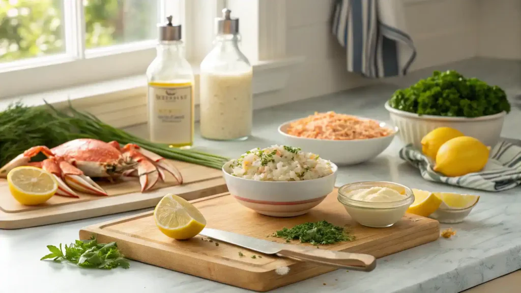 A step-by-step guide to making a lump crab meat recipe, showcasing ingredients and preparation steps.