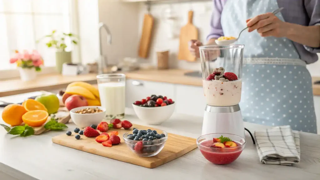 A person blending yogurt drink ingredients in a bright kitchen.