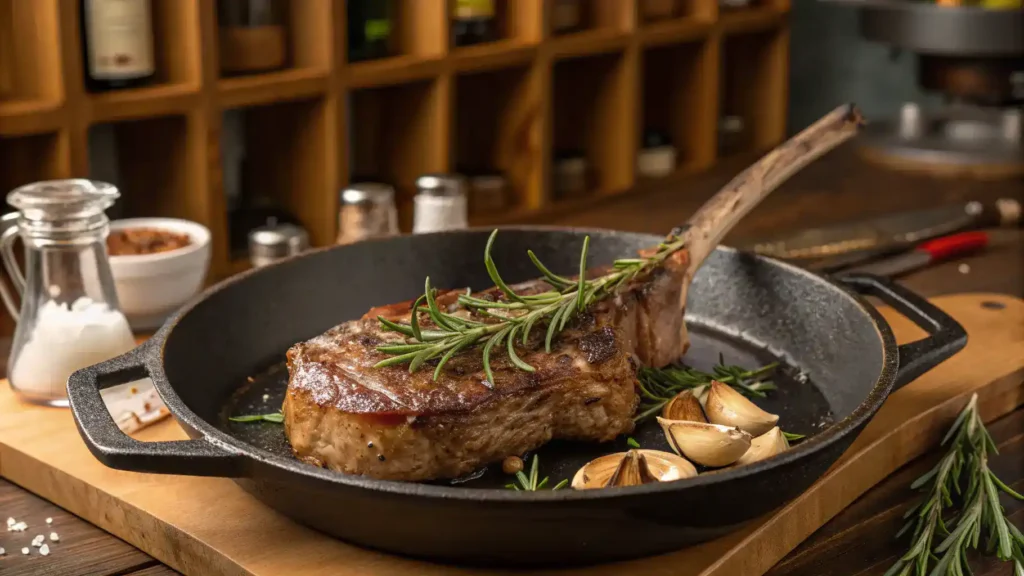 A perfectly seared veal chop in a skillet, garnished with rosemary and garlic.