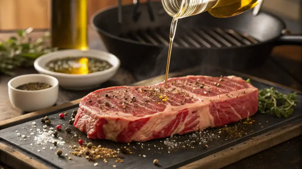A coulotte steak being seasoned with olive oil, salt, and pepper, ready for grilling.
