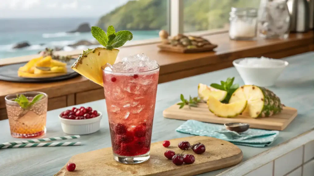 A refreshing Malibu Bay Breeze mocktail in a tall glass with ice, garnished with pineapple and cranberries.