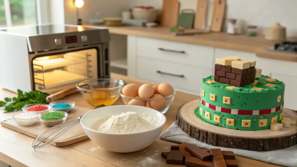 A Minecraft cake being prepared with various ingredients laid out on a kitchen counter.