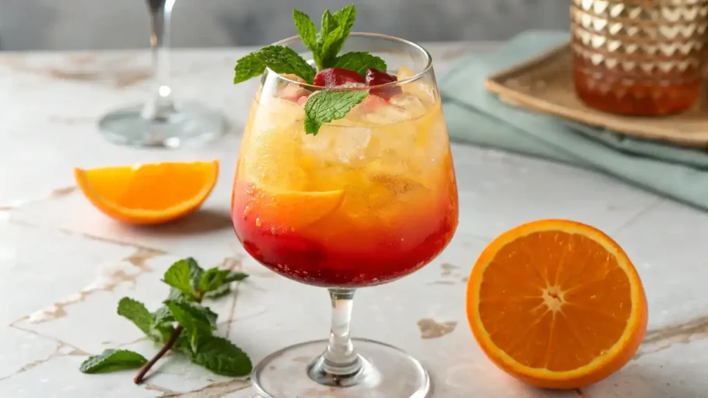 A vibrant Campari-inspired mocktail in a stylish glass, garnished with an orange slice and mint leaves.