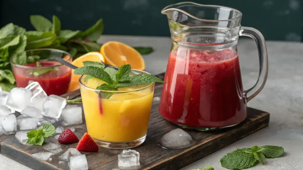 A vibrant transfusion drink being prepared with cranberry and orange juice, garnished with mint leaves.