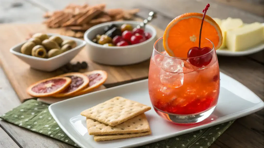 Serving suggestions for a Campari mocktail, including garnishes and food pairings.
