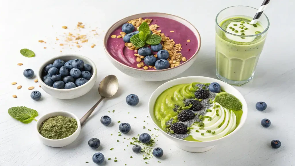 Different serving ideas for Blueberry Matcha.