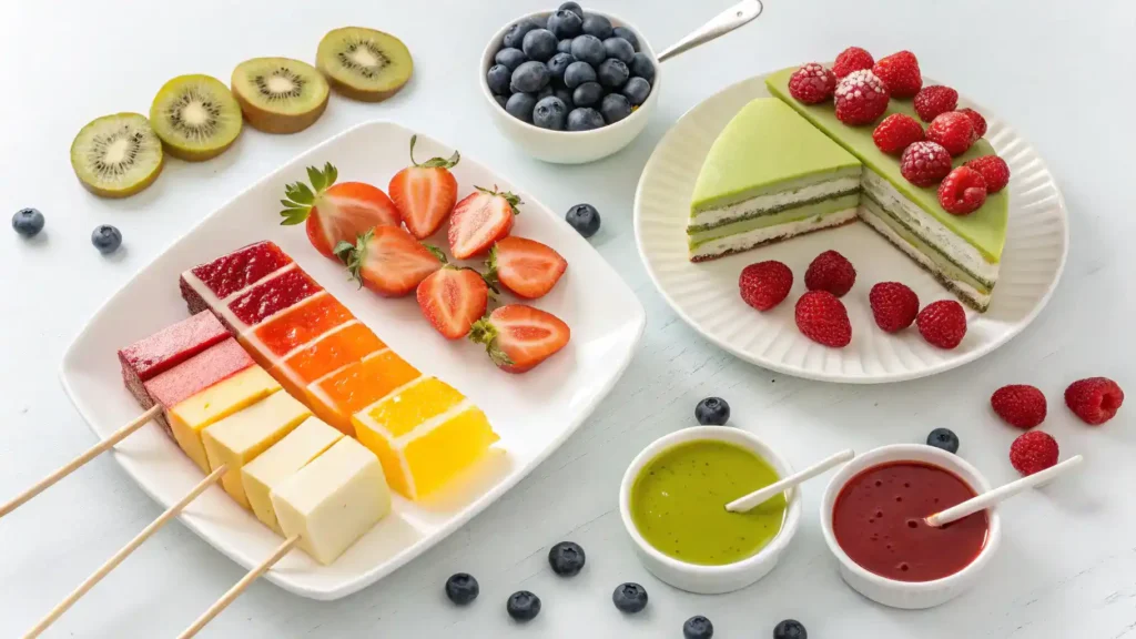 A colorful serving suggestion for cake and pops with fruits and sauces.