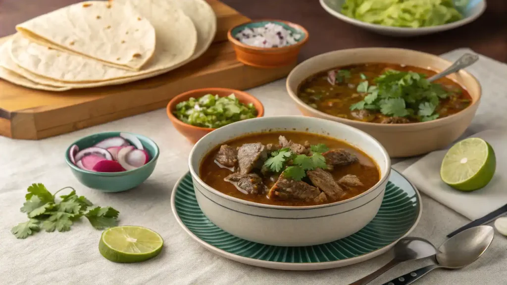 Serving suggestions for carne en su jugo with tortillas and garnishes.