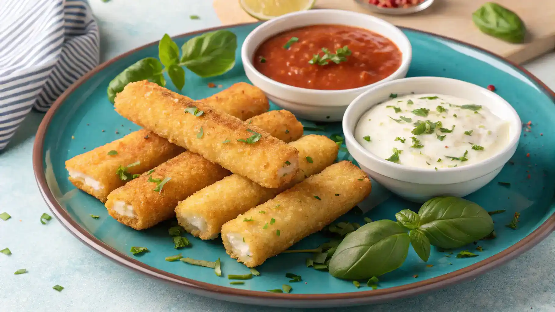 Creative serving suggestions for cheese sticks, including dips and garnishes.
