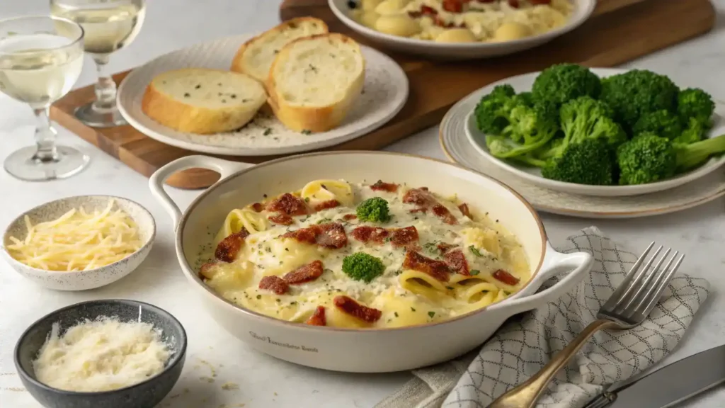 Serving suggestions for Cheesy Chicken Tortellini displayed on a dining table.