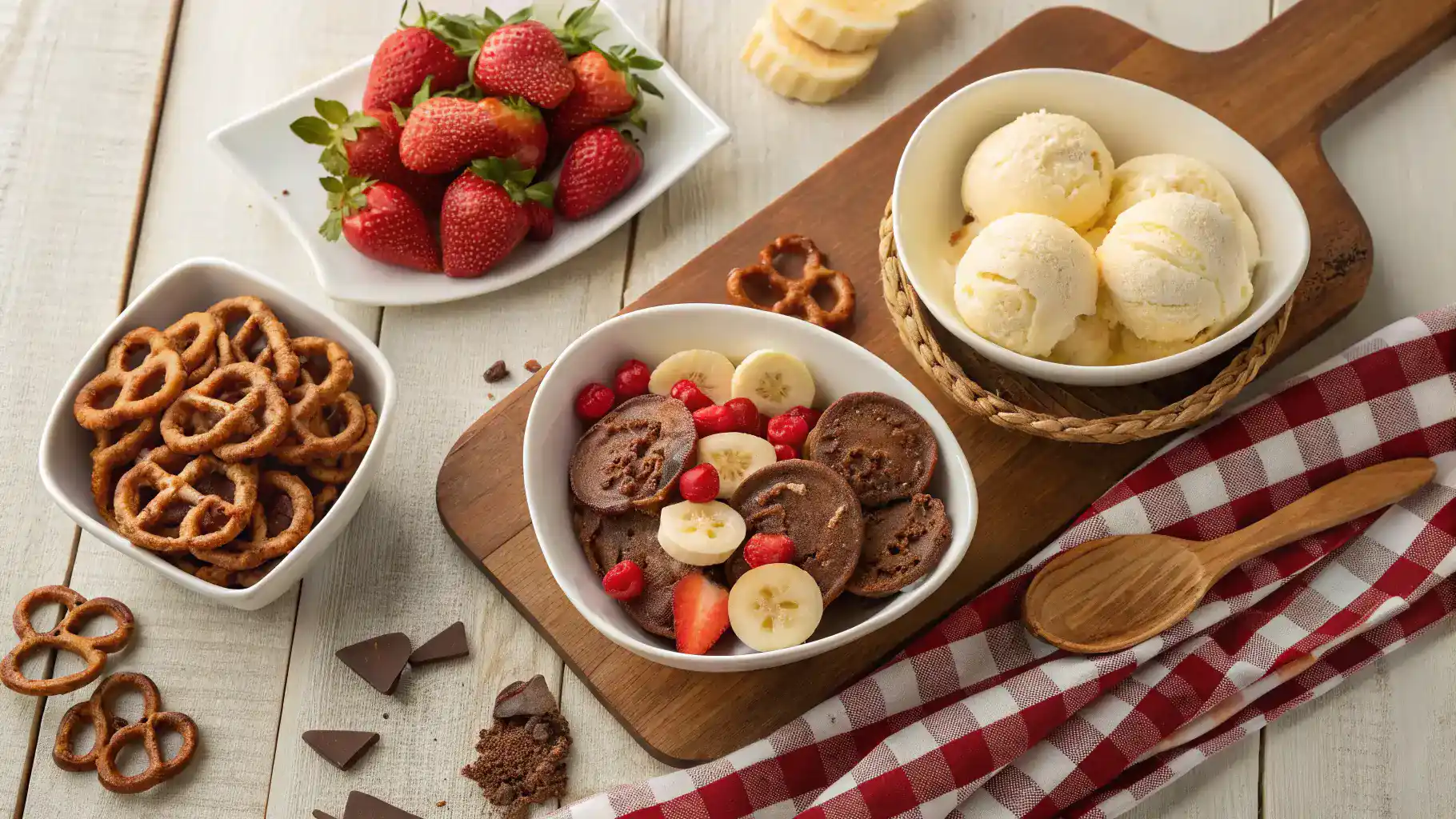 Serving suggestions for chocolate covered pretzels with ice cream and fruits.