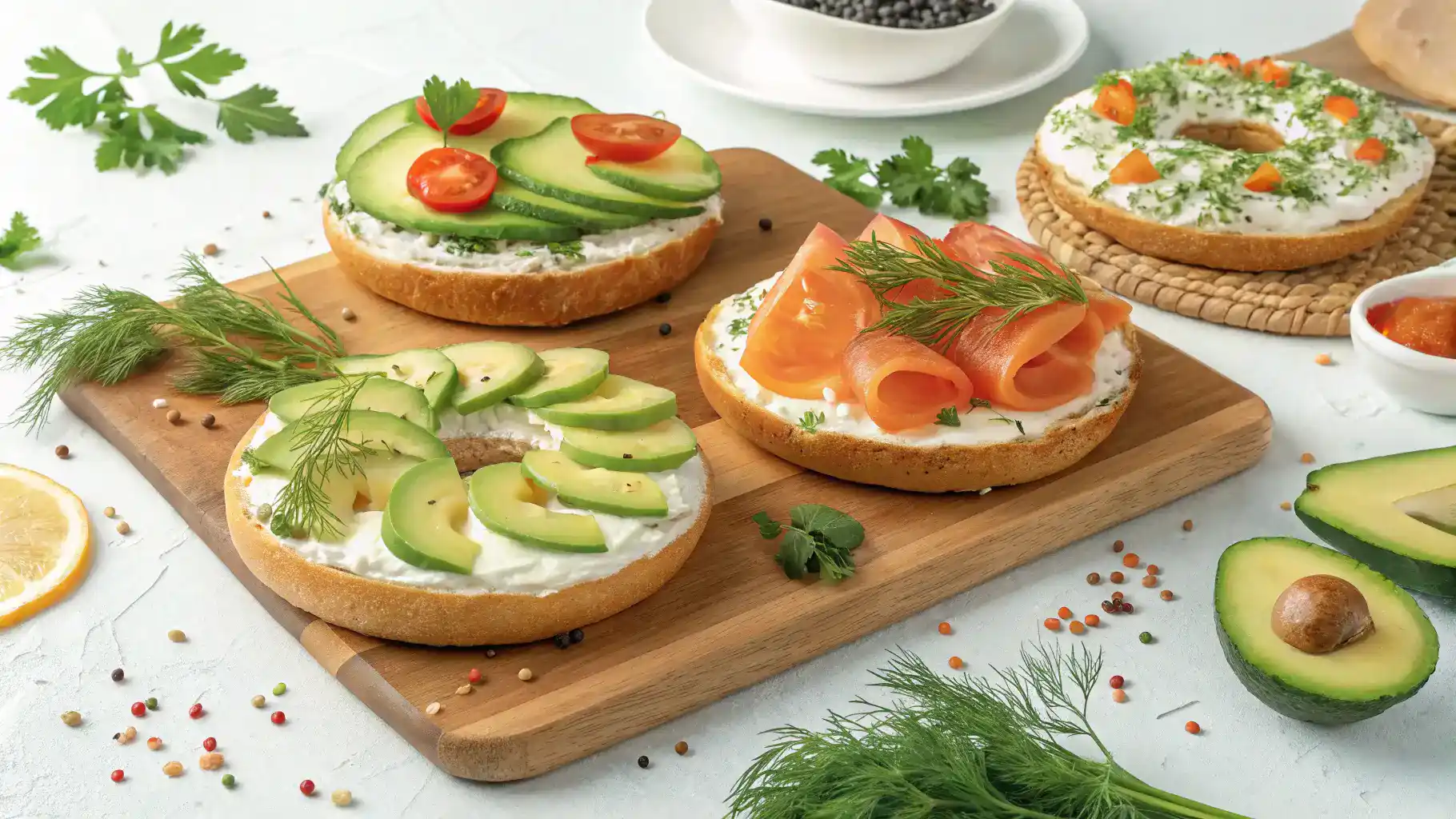 Different serving ideas for cottage cheese bagels with various toppings.