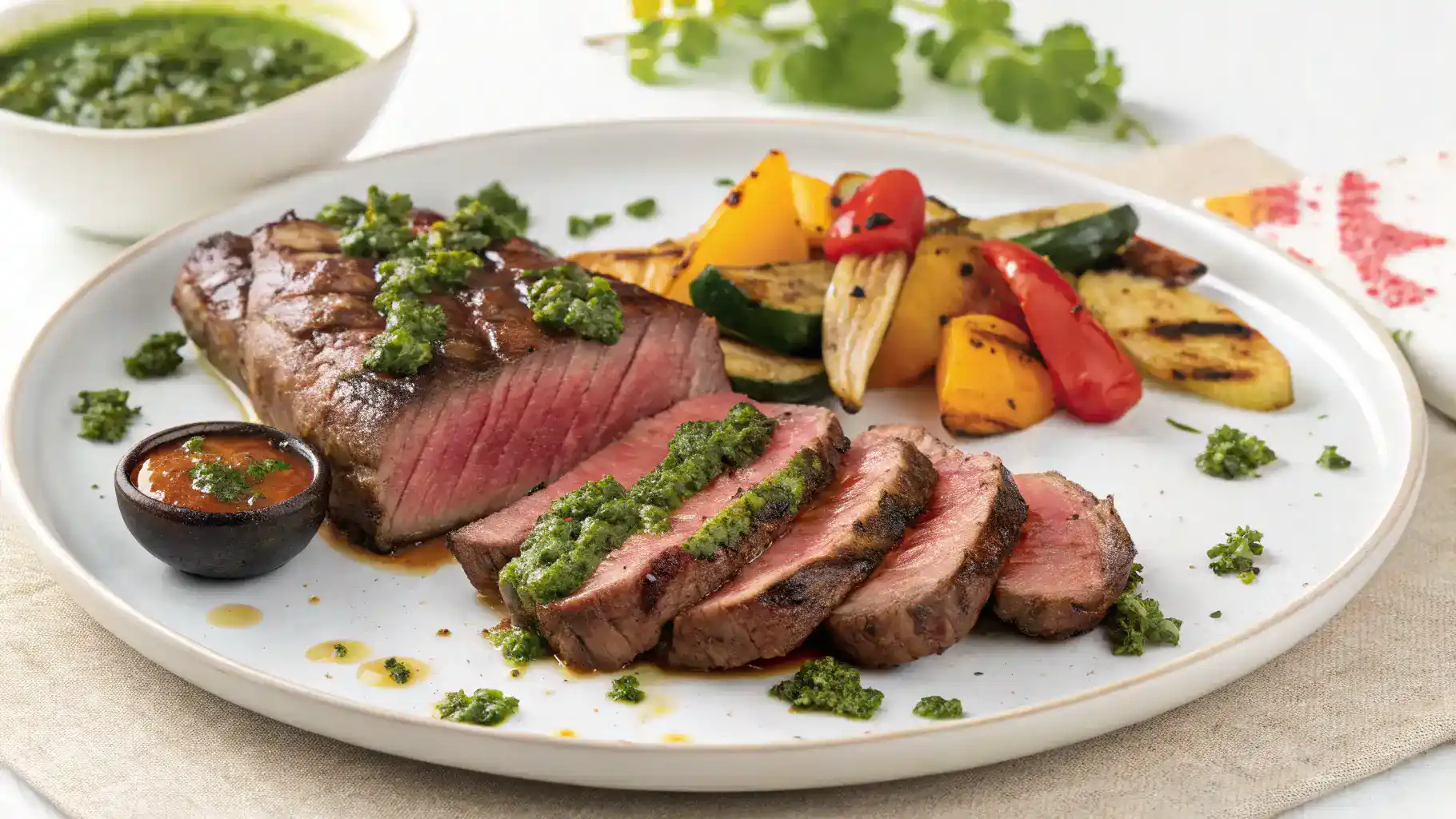 Serving suggestions for coulotte steak including chimichurri sauce and roasted vegetables.