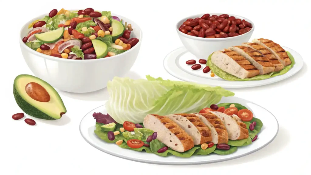 Different serving ideas for dense bean salad displayed on a table.