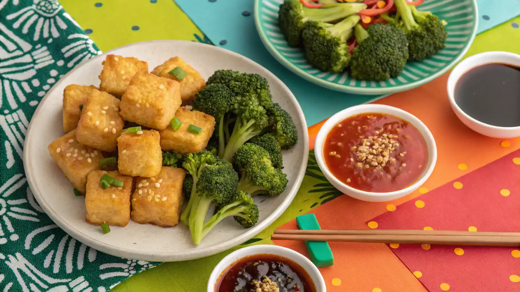 Serving suggestions for General Tso sauce displayed on a colorful table.