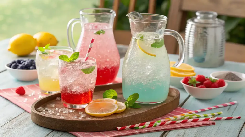 Italian soda served at a party with colorful pitchers and garnishes.