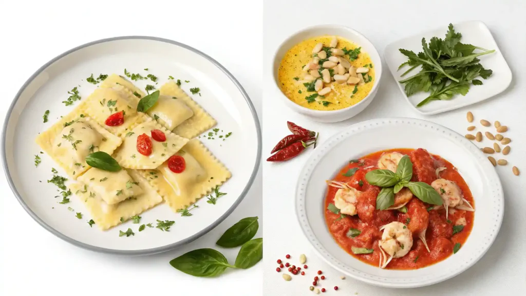 Different serving suggestions for lobster ravioli with various sauces and garnishes.