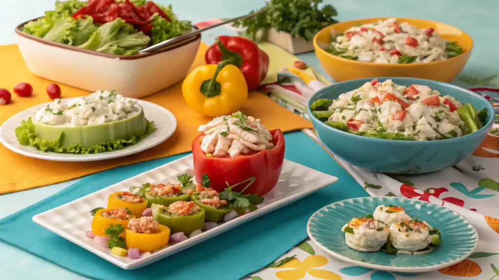 Various serving suggestions for lump crab meat displayed on a colorful table.