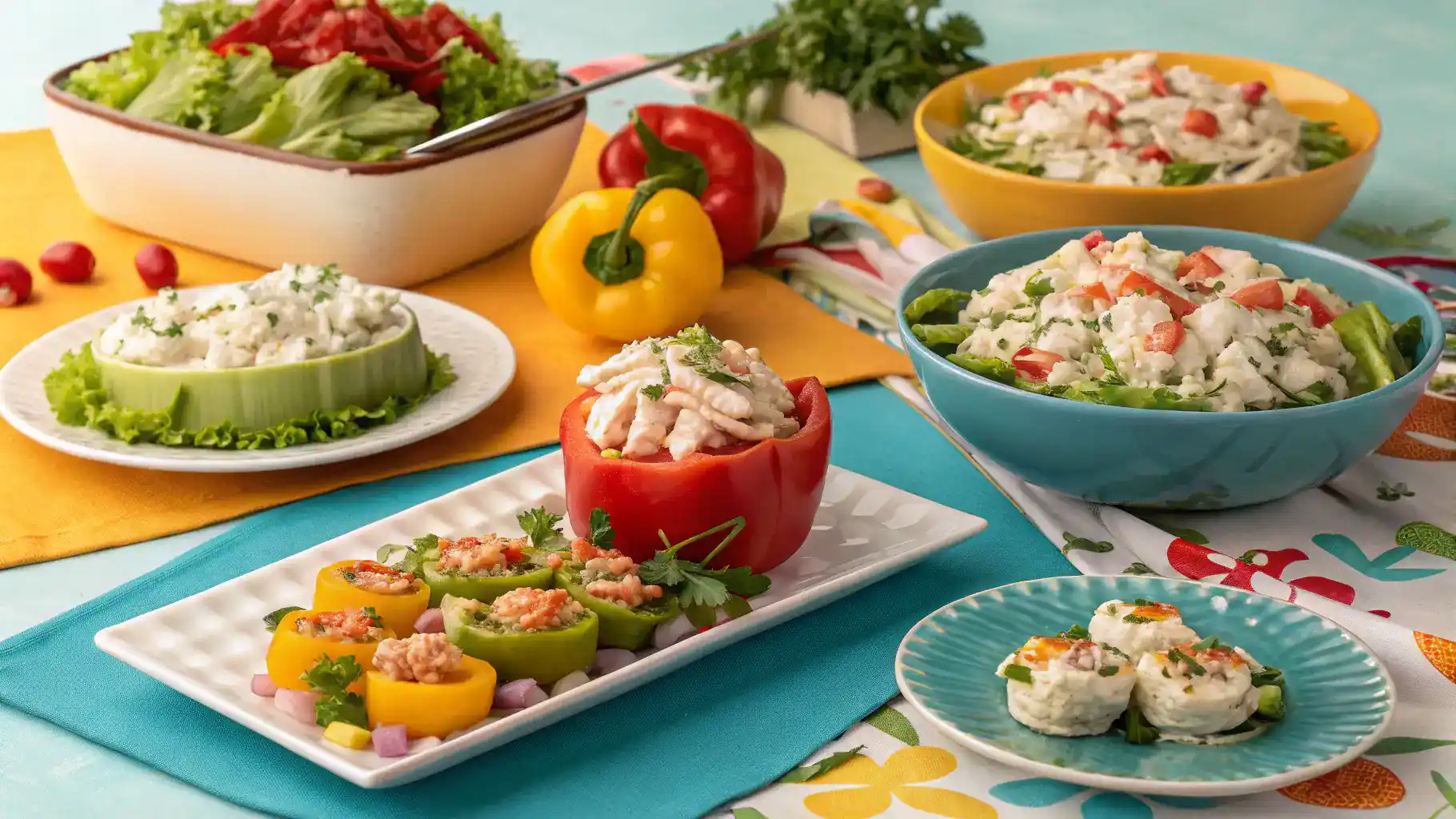 Various serving suggestions for lump crab meat displayed on a colorful table.