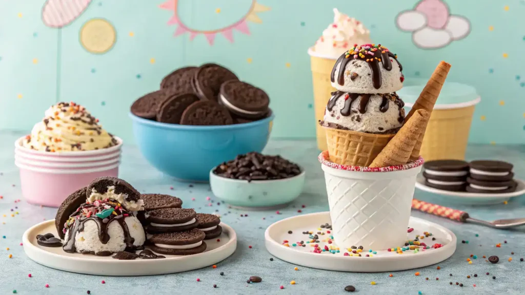 Creative serving suggestions for Oreo ice cream.