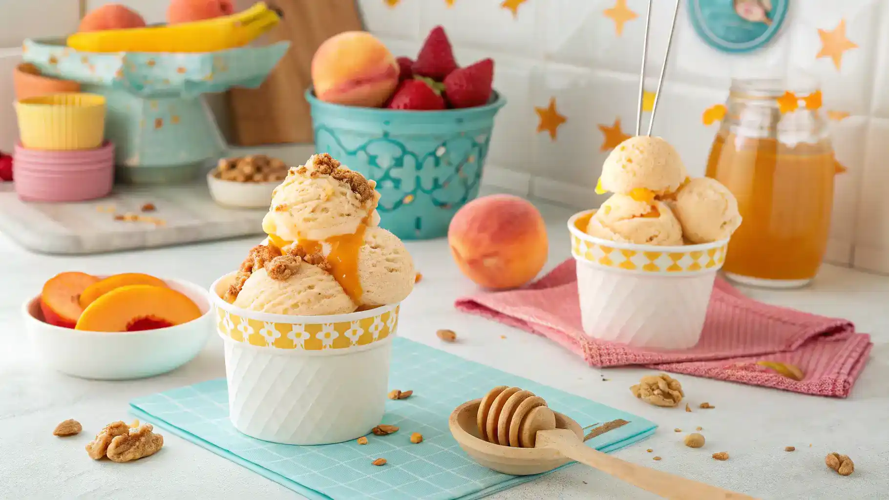 Different serving ideas for peach ice cream with various toppings.
