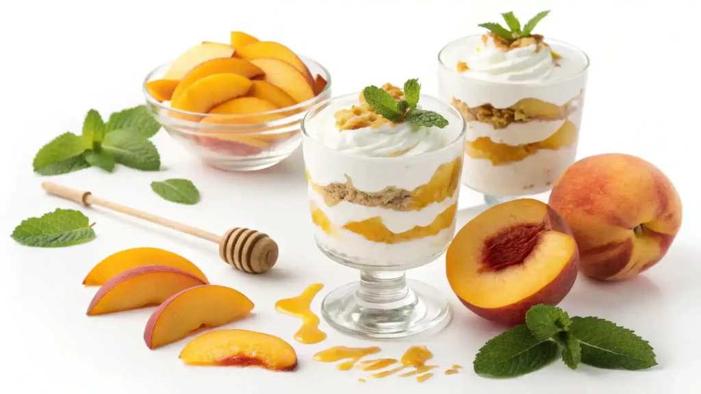 Serving suggestions for peaches and cream dessert, including parfait glasses and garnishes.