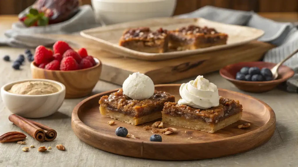 Pecan pie bars served with whipped cream, ice cream, and fresh berries.