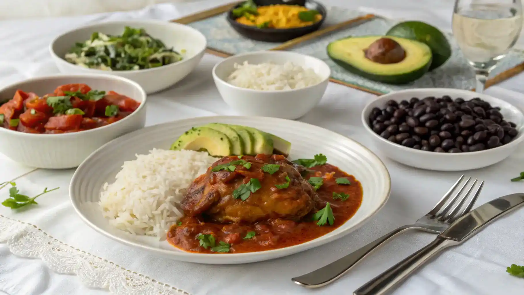 A dining table set with pollo guisado and various side dishes.