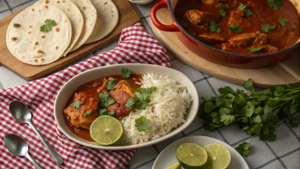 A beautifully set table with pollo guisado, rice, and tortillas.