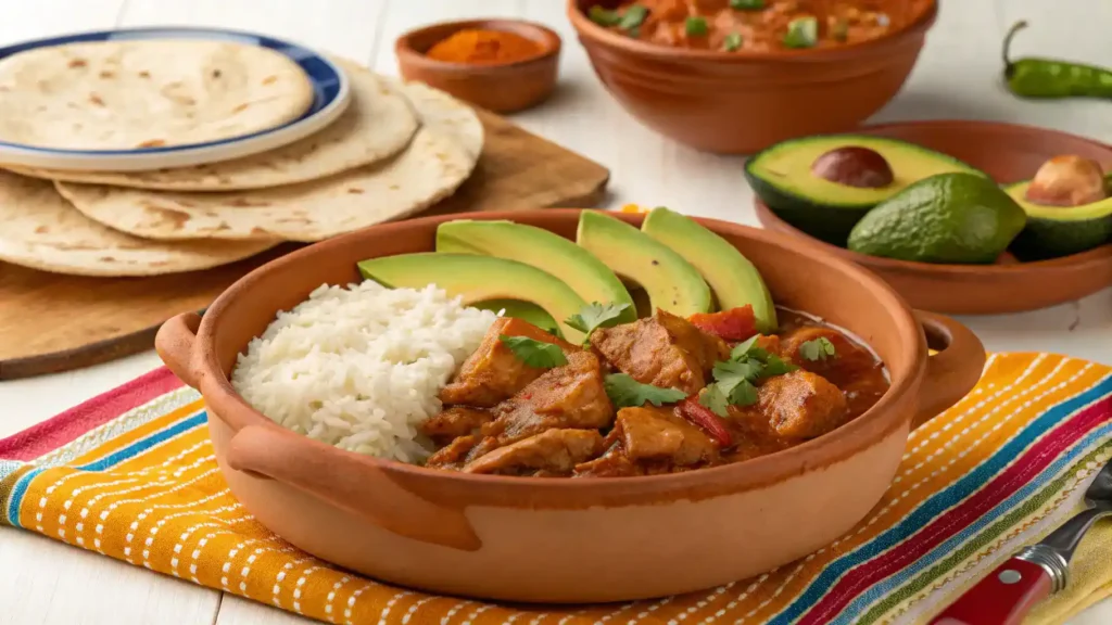 Pollo guisado served with rice, tortillas, and avocado slices on a colorful table.