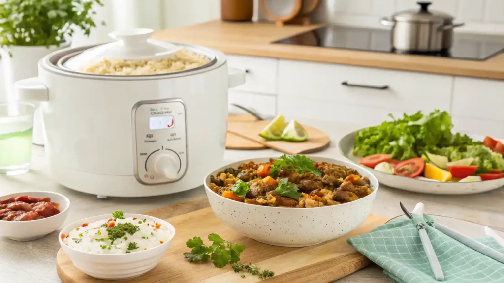 Serving suggestions for rice cooker meals including herbs, yogurt, and salad.