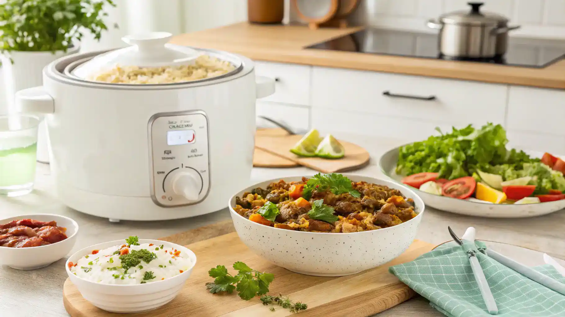 Serving suggestions for rice cooker meals including herbs, yogurt, and salad.