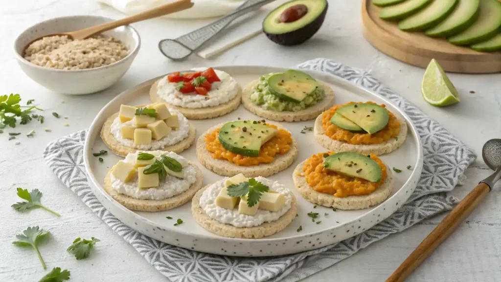 Different ways to serve rice crackers with various toppings.