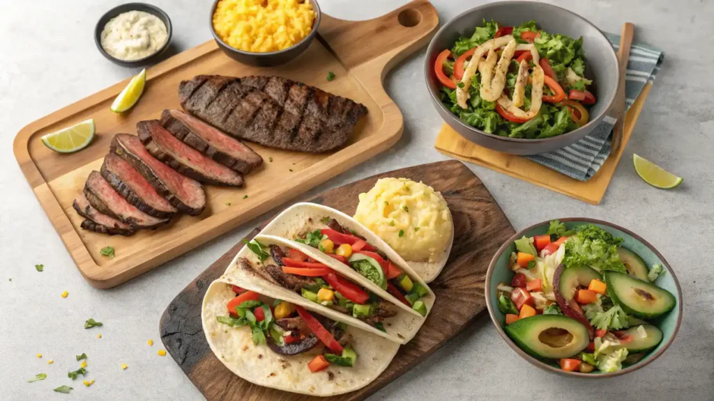 Different ways to serve skirt steak steaks, including tacos and salads.
