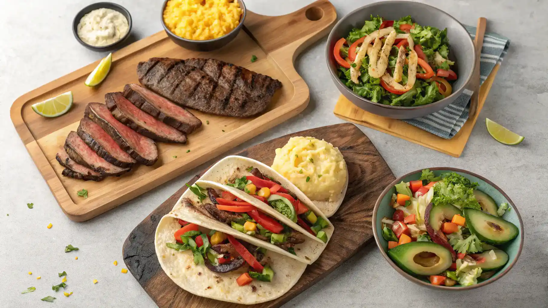 Different ways to serve skirt steak steaks, including tacos and salads.
