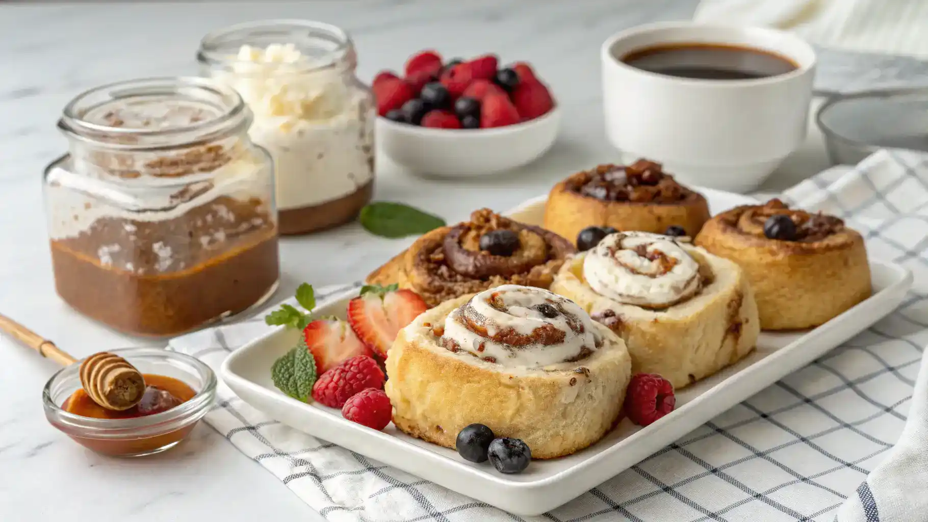 TikTok cinnamon rolls served with cream cheese frosting and fresh fruit.