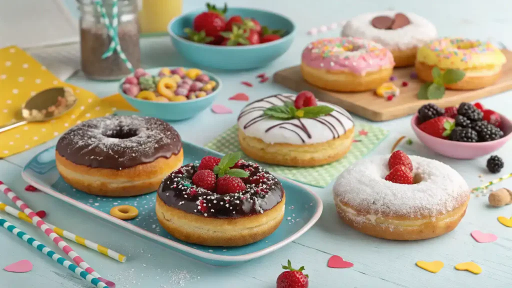 Different ways to serve vegan donuts with various toppings.