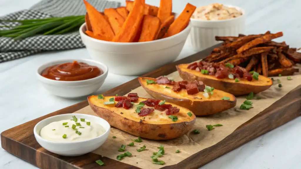 Different serving ideas for white sweet potato, including toppings and pairings.