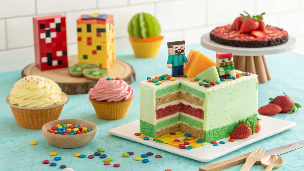 Serving suggestions for Minecraft cake, featuring colorful sprinkles, ice cream, and fresh fruit.