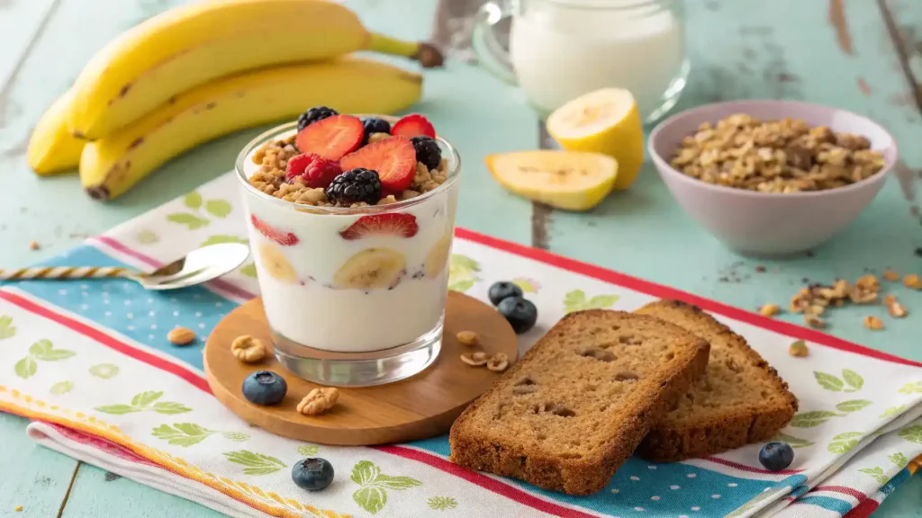 A yogurt drink served with garnishes and snacks.
