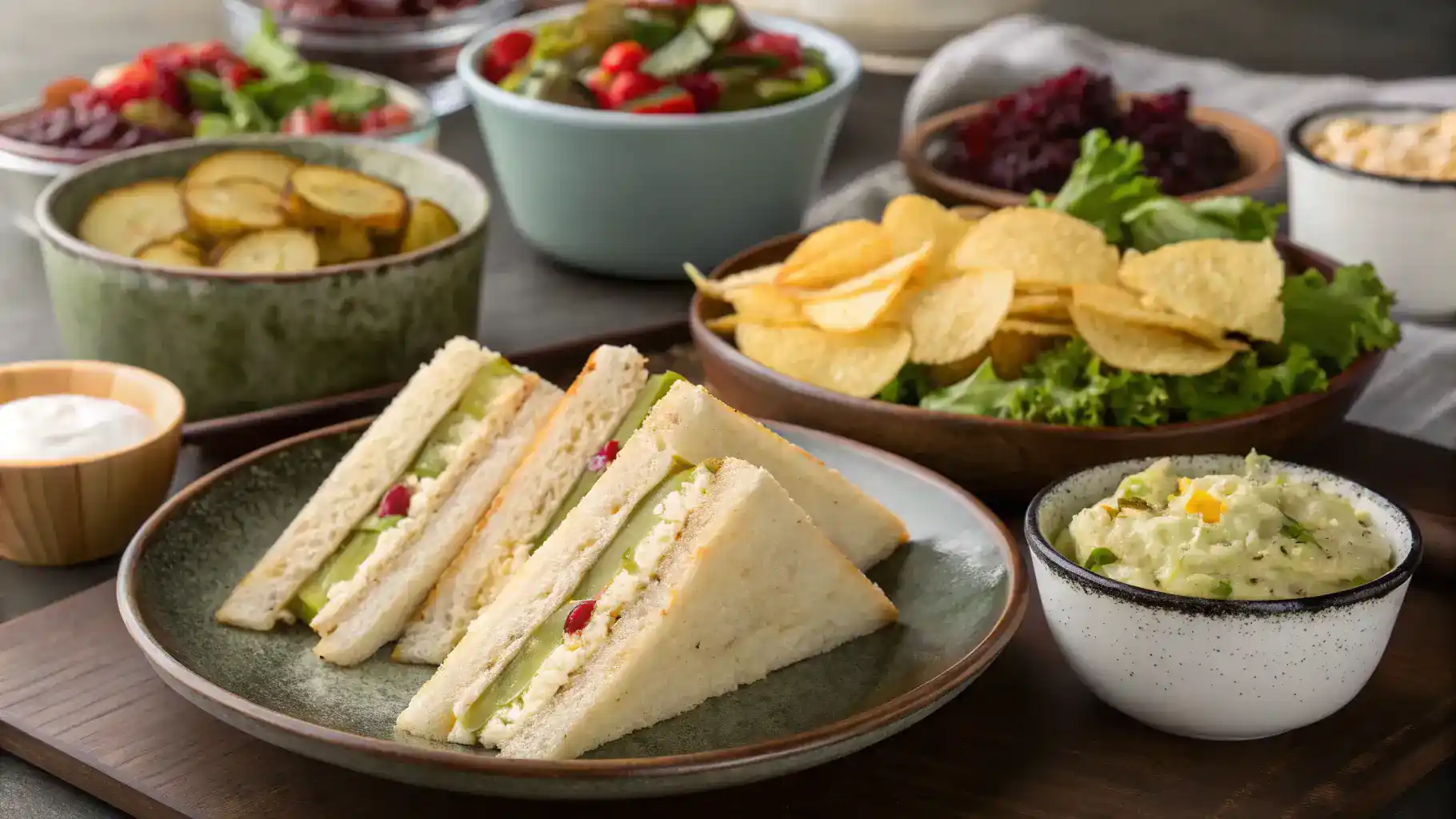 Serving suggestions for a pickle sandwich with various sides.