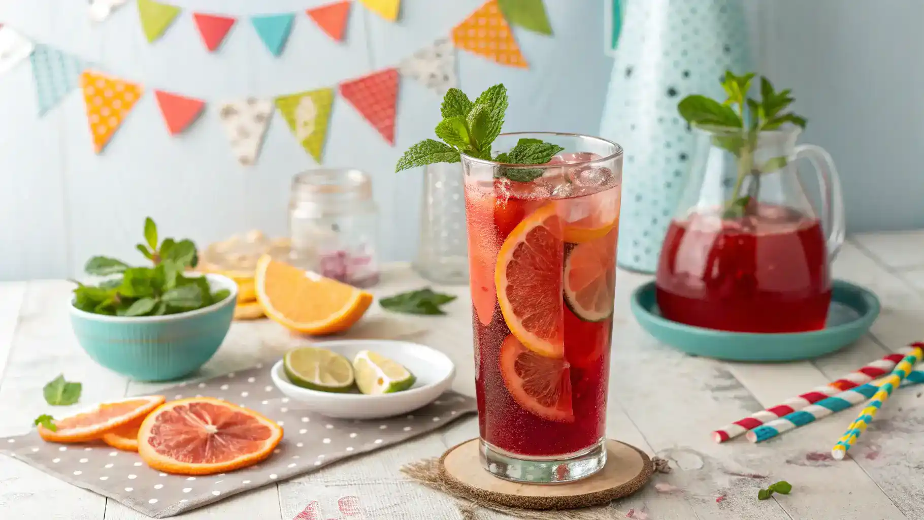 Serving suggestions for a transfusion drink with garnishes and snacks.