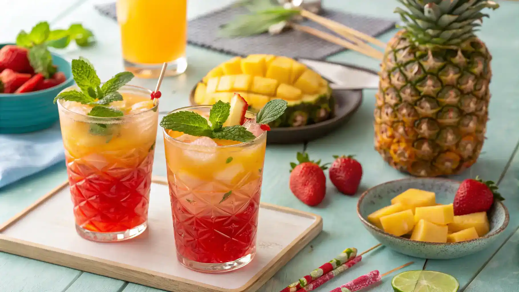 Serving suggestions for Malibu Bay Breeze mocktail with colorful garnishes.