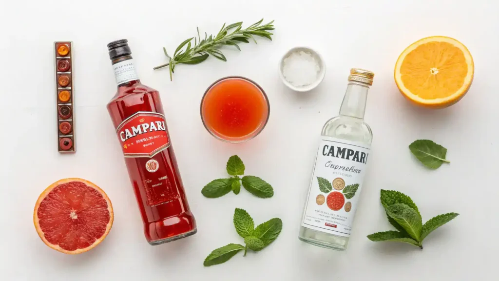 Ingredients for a Campari mocktail, including non-alcoholic bitter aperitif, grapefruit juice, and fresh garnishes.