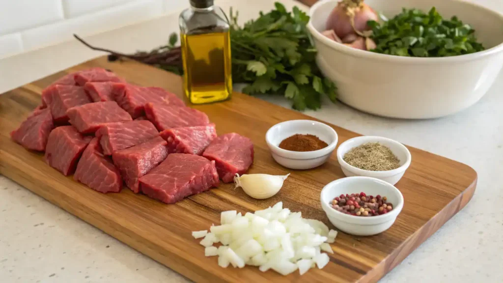 Ingredients for beef tips including beef sirloin, olive oil, onions, garlic, and spices on a wooden cutting board.