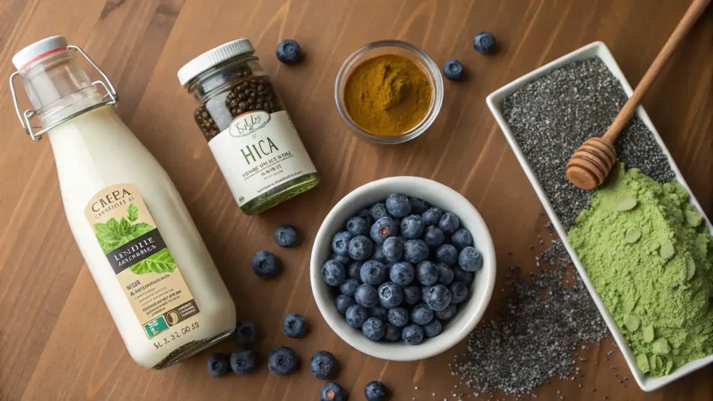 Ingredients for Blueberry Matcha including blueberries, matcha powder, almond milk, and more.