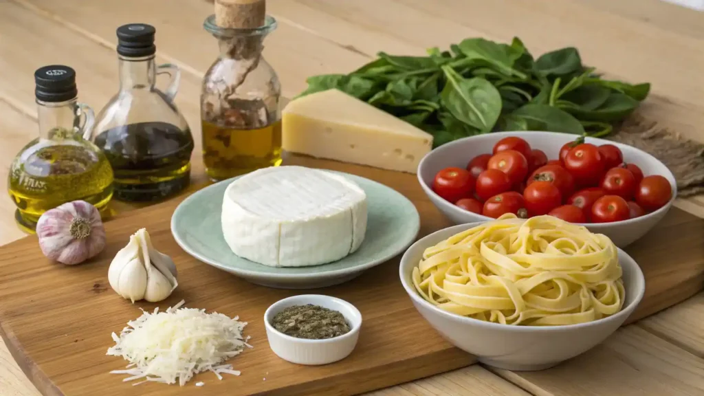 Ingredients for Boursin pasta including Boursin cheese, pasta, and fresh vegetables.